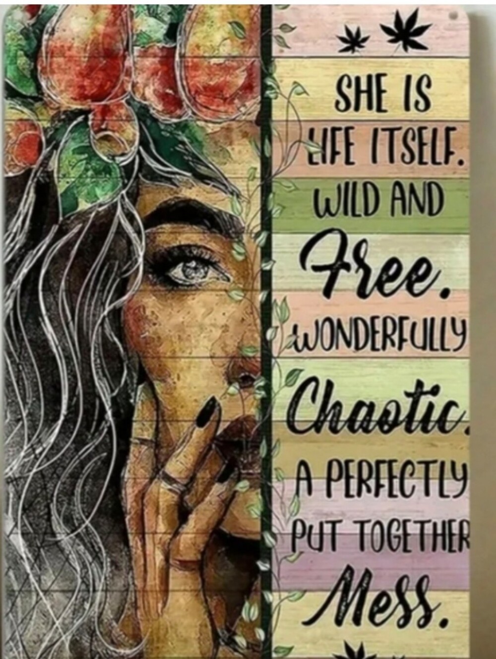 Retro Girl Metal Sign "Perfectly Chaotic" Vintage Style Bohemian wall sign decor